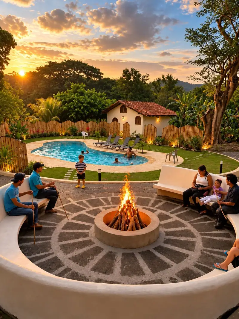 The fire pit at sunset, the pool and a casita behind