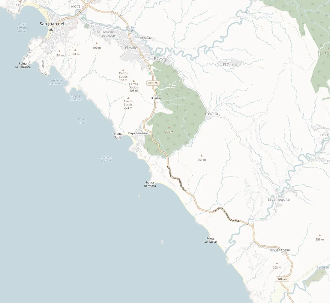 Map of the area between San Juan del Sur, Escamequita and Playa Yankee, with Las Planadas marked