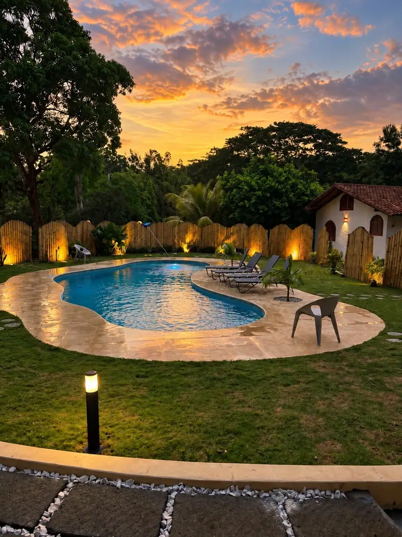 The pool of the finca at sunset